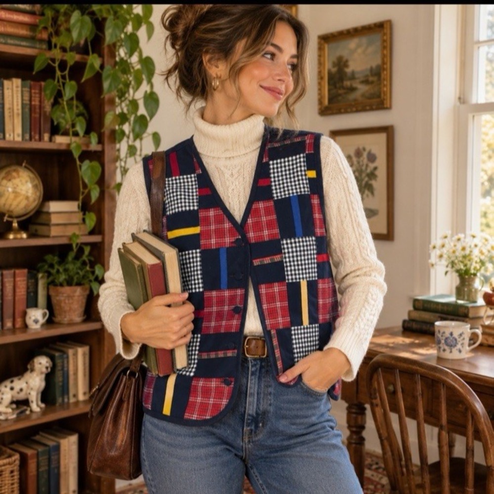 Vintage Patchwork Plaid Quilted Vest Cottagecore Folk Art Grandpa Core Large